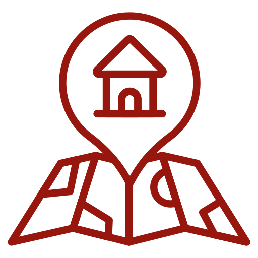 Rotes Symbol mit einer Karte und einem Haus darauf